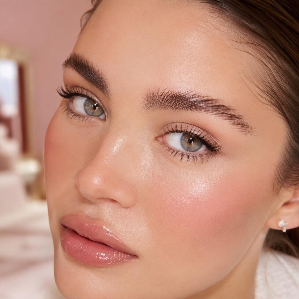 Close-up of fluffy, laminated eyebrows styled upward